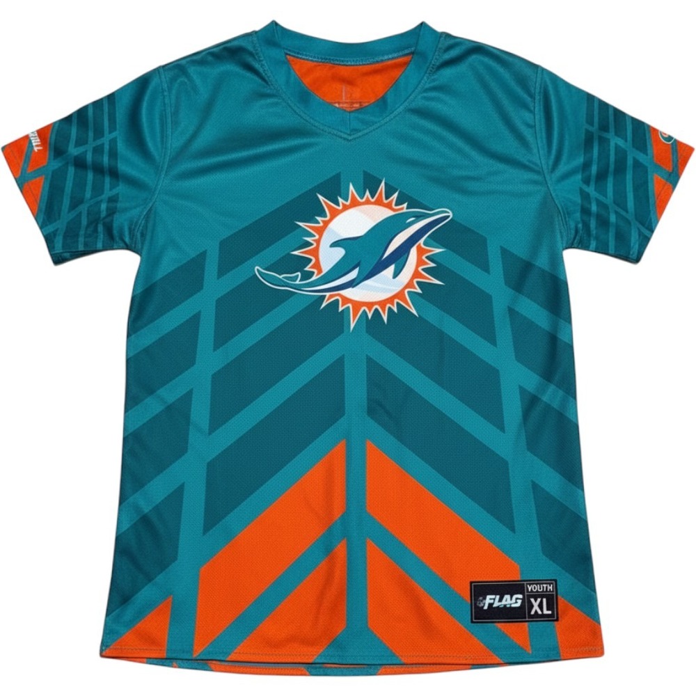 NFL Flag Miami Dolphins Jersey Youth XL Orange Aqua Polyester Athletic Football